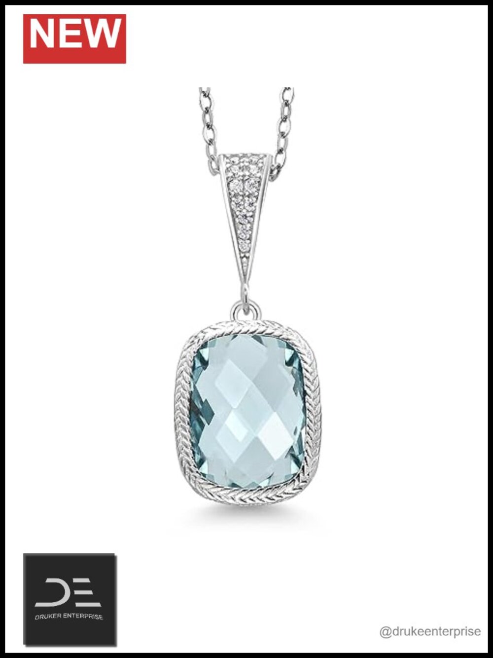 925 Sterling Silver Simulated Aquamarine Dangle Pendant Necklace